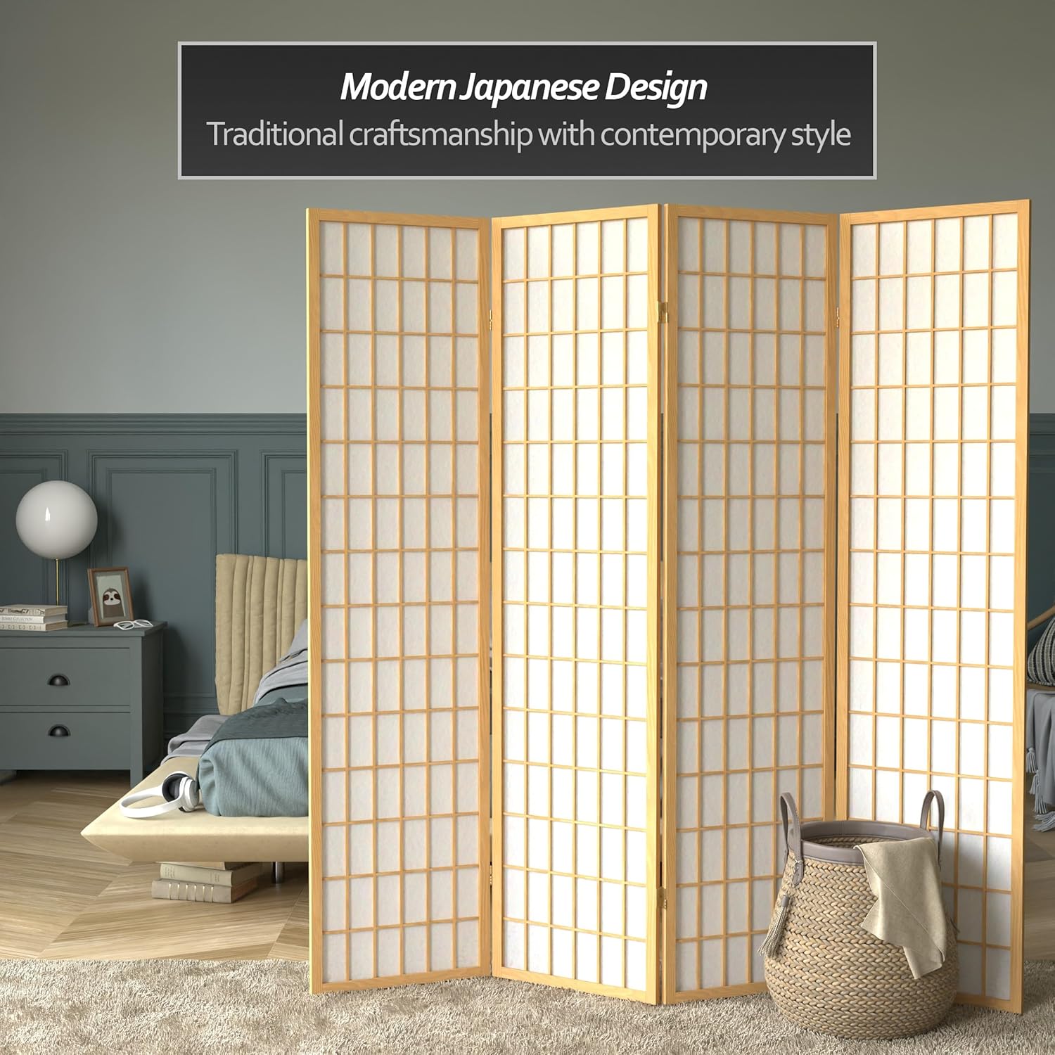 Red Lantern 6 ft. Tall Window Pane Shoji Screen - Natural - 4 Panels Natural 4 Panels