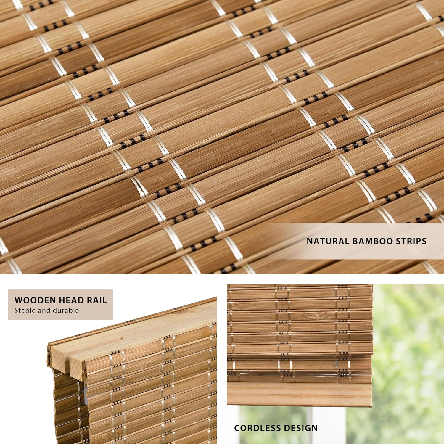 LazBlinds No Tools No Drill Cordless Bamboo Roman Shades